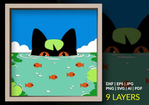 Black Cat Fish Pond Shadow Box Svg