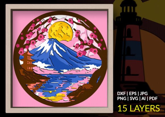 Mount Fuji Cherry Blossom Shadow Box SVG