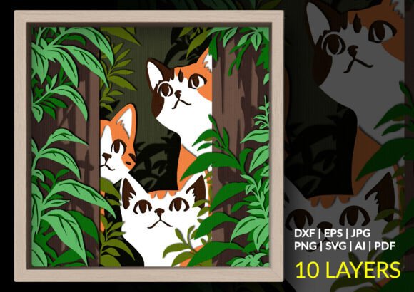 Three Curious Cats Shadow Box 3D SVG